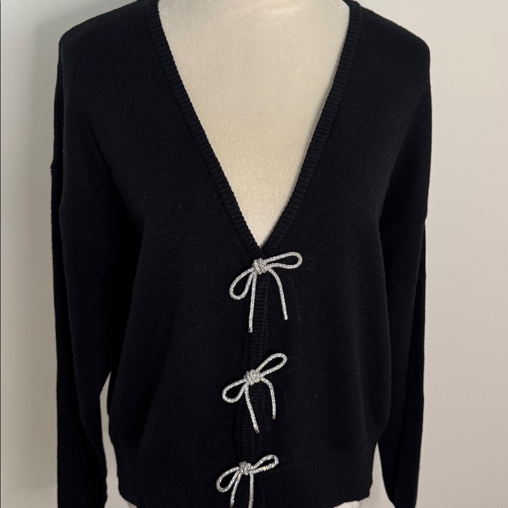 Crown & Ivy Black Sweater with Rhinestone Bow Details